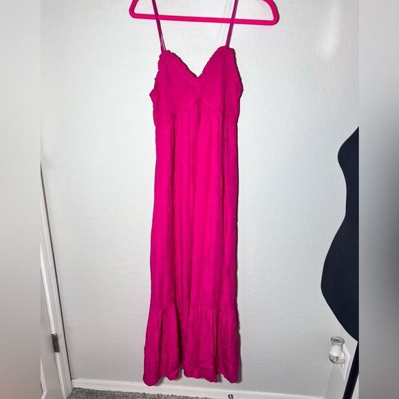 💞 Gigio fuchsia pink smocked spaghetti strap embroidered floral maxi dress small - Picture 3 of 10